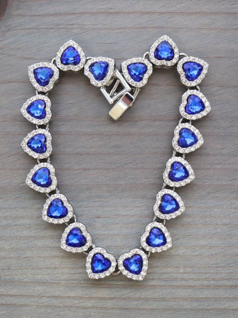 Blue Heart Halo Diamond Chain Tennis Bracelet Silver Plated with Rhinestones